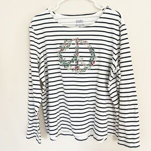 White And Blue Striped Long Sleeve Shirt XXL Floral Peace Sign 100% Cotton